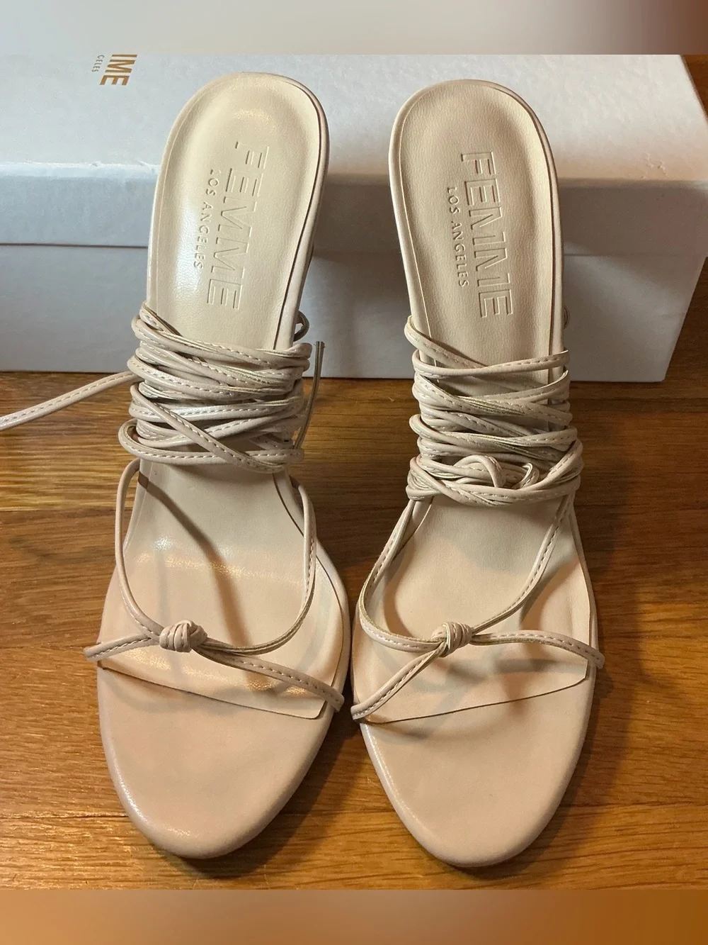 FEMME LA Nude Wrap-Strap Stiletto Sandals